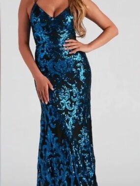 Windsor Blue Sequin and Black Maxi Dress